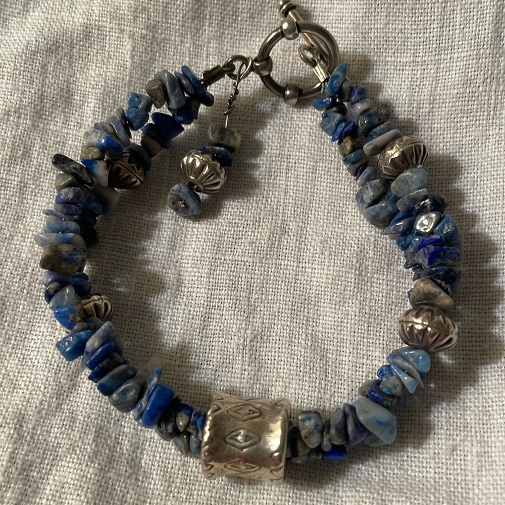 Lapis Chips and Thai Silver Double Strand Bracelet